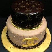 Designer Cake Collections .This Louis Vuitton Inspired Birthday Cake In A Gold ,Brown And Cream Fondant With The Signature LV Logo.Was For A Matinee Birthday PArty At The Waterside Restaurant and Catering In North Bergen &#160;